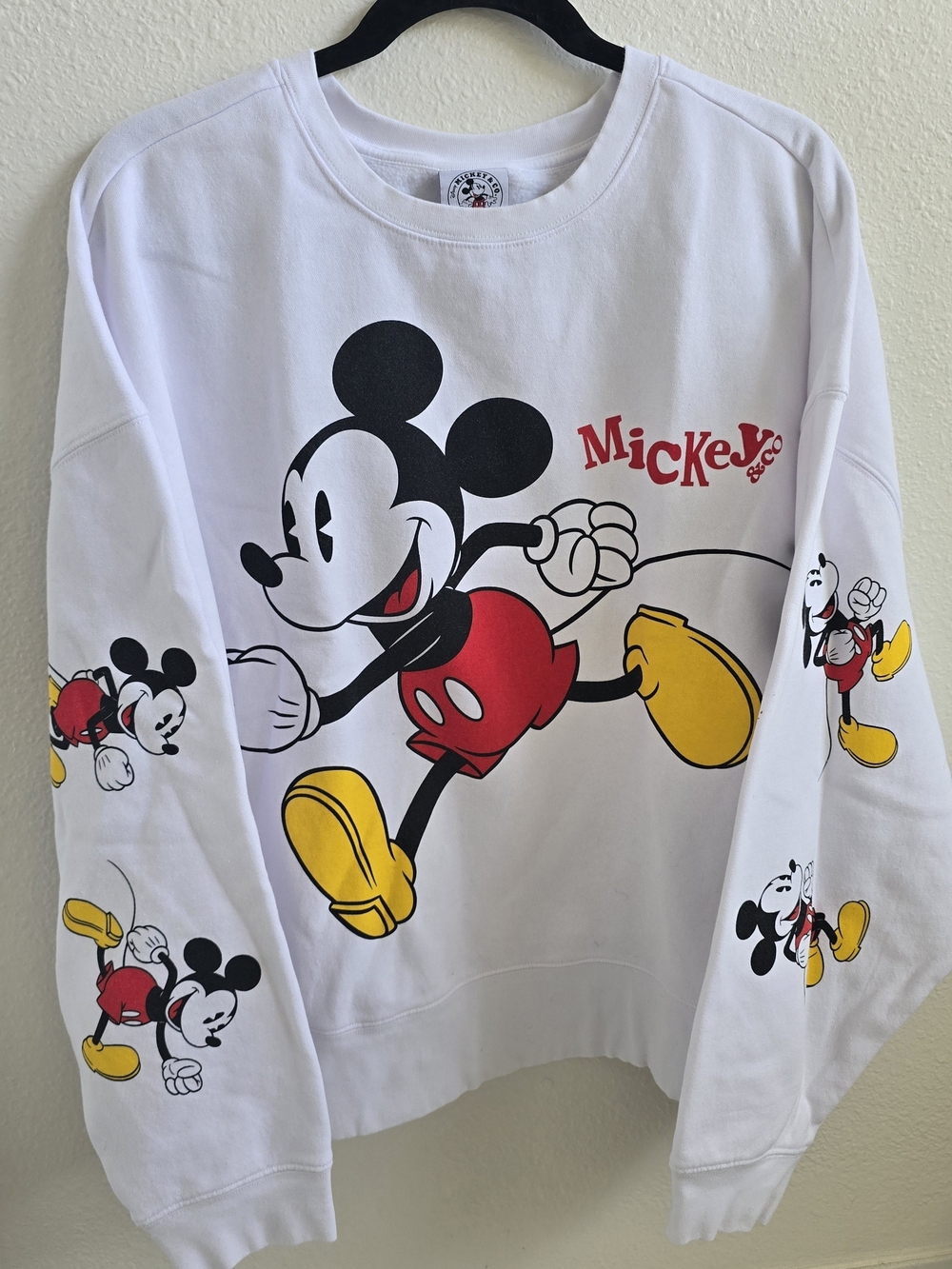 Disney White Crewneck Sweatshirt with Mickey Graphic and Yellow Accents